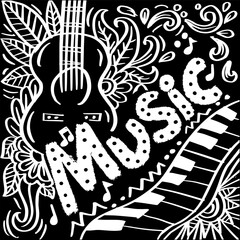 Music notes and guitar. Hand drawn vector illustration in doodle style.