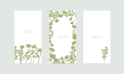 手描きの草木イラスト。草木のベクター背景ハガキテンプレート。植物のナチュラルイメージポストカードセッHand drawn grass and trees illustration. Grass vector background postcard template. Natural image of plants postcard set.