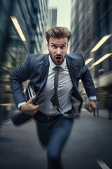 A businessman in a suit runs to work
