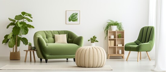 Kale green armchair, pouf, and double bed in a white bedroom.