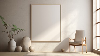 3D Mockup poster empty Blank Frame, hanging on an abstract graffiti wall with stones, dry fruits, a vase, and a chair, above an urban modern display room