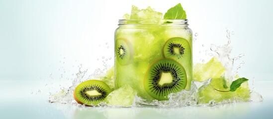Kiwi cocktail in a jar with ice and kiwi pieces.