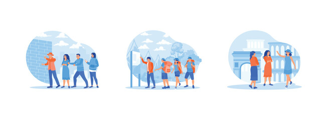 Tourist Guide concept. The tour guide explains the history of a building. Tourists gather around the tour guide. Tourists go on tour. Set Trend Modern vector flat illustration - obrazy, fototapety, plakaty