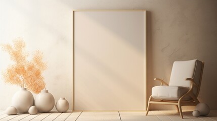 3D Mockup poster empty Blank Frame, hanging on a celestial-inspired abstract background with stones, dry fruits, a vase, and a chair, above a cosmic modern display room