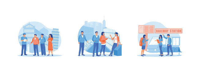 Fototapeta premium Tourist Guide concept. Vacationing in Pisa, Italy. The tour guide explains about the culture. Take a local tourist trip by train. Set Trend Modern vector flat illustration