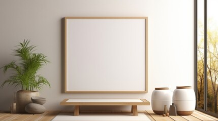3D Mockup poster empty Blank Frame, hanging on a zen garden wall, above a meditation and...