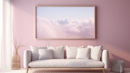 3D Mockup poster empty Blank Frame, hanging on a cloud-painted sky wall, above a daydreamer's cozy display room