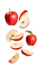 Apples, set of apples and sliced apples falling down