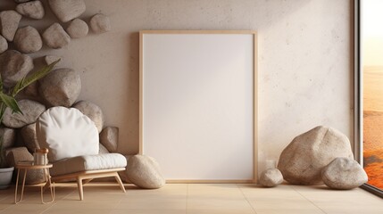 3D Mockup poster empty Blank Frame, hanging on an exotic abstract background with stones, dry fruits, a vase, and a chair, above a global-inspired modern display room