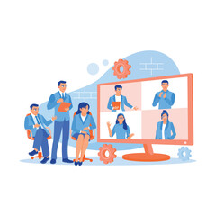 Some office staff have an online meeting with business colleagues. Diverse business partners emerge from the computer screen. Discuss Information concept. trend modern vector flat illustration