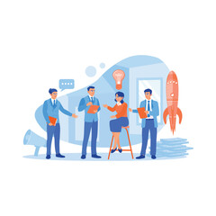 A group of business people have a meeting in the office. They talk to each other, consult, discuss and express opinions on new business project ideas. Discuss Information concept. trend modern vector 