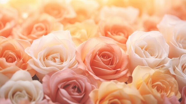 roses with bokeh light, this is an image of peach and peach roses, in the style of color gradient, allover composition, diverse color palette, ivory, sharp focus,