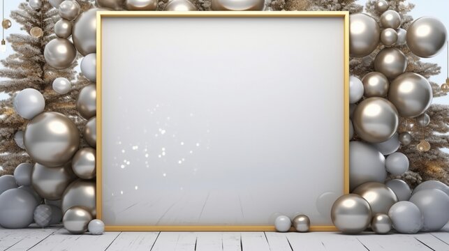 3D Mockup poster empty Blank Frame, hanging on a celestial-themed background with silver and gold Christmas decorations, above a futuristic holiday-inspired display room