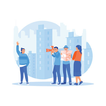 A group of happy friends with maps and photo cameras exploring the city. They took photos with urban buildings in the background. Tourist Guide concept. trend modern vector flat illustration
