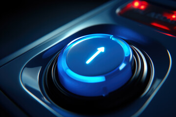 Power start button or ignition launching button with blue light - obrazy, fototapety, plakaty
