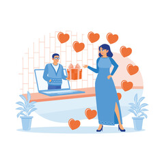 Obraz premium A young couple in love goes on a virtual date. The man with glasses shows the gift he will give to his partner. virtual Relationships concept. Trend Modern vector flat illustration