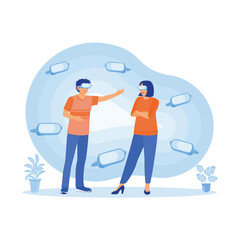 Happy young couple using virtual glasses. Virtual Relationships concept. Trend Modern vector flat illustration