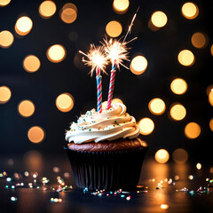 Party sparkler candle in a birthday cupcake with gold bokeh lighting on a black background