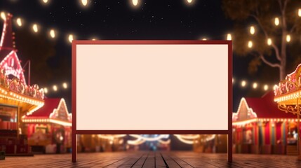 3D Mockup poster empty Blank Frame, hanging on a carnival lights wall, above a festive and lively...
