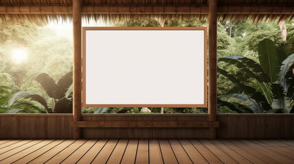 3D Mockup poster empty Blank Frame, hanging on a bamboo-covered wall, above a peaceful Zen retreat-themed display room