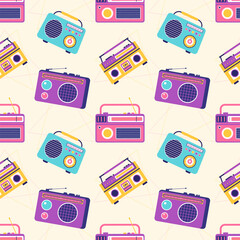 Radio Seamless Pattern Illustration Design with Player for Record and Listening to Music in Flat Cartoon Template