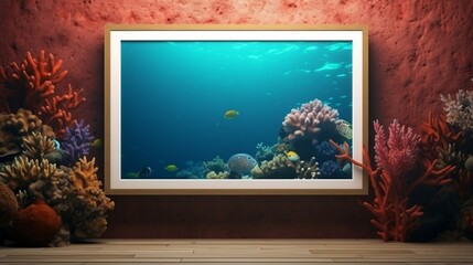 3D Mockup poster empty Blank Frame, hanging on an underwater coral reef wall, above a marine biologist's display room