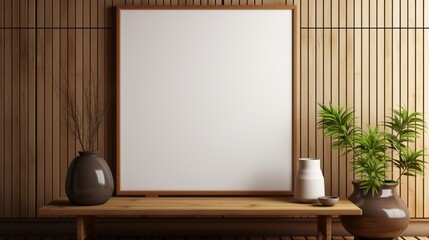 3D Mockup poster empty Blank Frame, hanging on a bamboo-covered wall, above an Asian-inspired display room