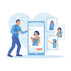 Handsome man visits online dating site via smartphone. Man chatting with a female friend on smartphone screen. Online Dating concept. Trend Modern vector flat illustration