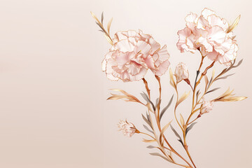 Naklejka premium Carnation branches on elegant pastel background. Wedding invitations, greeting cards, wallpaper, background, printing, poster, social ads, banner