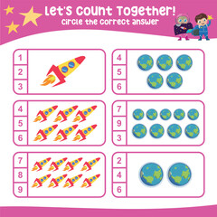Let’s counting the planet earth and rocket together and circle the correct number on the page. Educational printable math worksheet. Math game for children with planets and solar systems theme. 