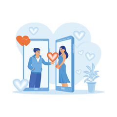 Young couple using online dating app on a smartphone. They talk and code their hearts for their partners. online Dating concept. Trend Modern vector flat illustration