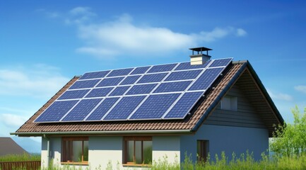 Fototapeta premium Solar panel cells system on roof, sustainable energy alternative