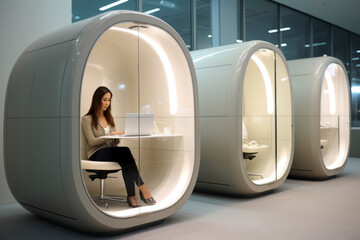 Futuristic meeting pod capsule interior design on modern startup office for private meetings