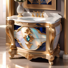 Gold & wood hues, mother-of-pearl, and precious stones in delicate designs express natural beauty, extended to women's furniture for a mysterious, exquisite vibe.(Generative AI) 