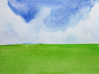 watercolor landscape painting countryside green meadow field with blue sky. hand drawn on paper. - 691779312