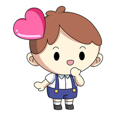 Funny Valentine illustration. A young brown-haired boy is falling in love
 on transparent background.
