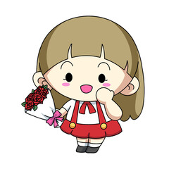 Funny Valentine illustration. A young blonde girl is giving a bouquet of flowers to someone on transparent background.