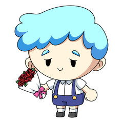 Funny Valentine illustration. A blue-haired boy was giving a bouquet of flowers to someone on transparent background.