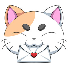 Funny Valentine illustration. Calico cat head holds a love letter in its mouth on transparent background.
