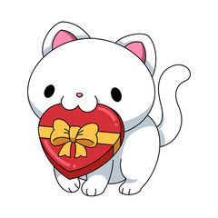 Funny Valentine illustration. A white cat is holding a red heart-shaped box on transparent background.