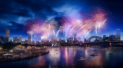 Aerial night view of big capital city with many colorful fireworks lighting up in the sky celebrating new year eve countdown or Christmas event anniversary.