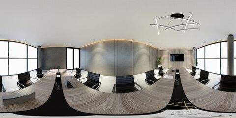 3D illustration of a 360 degrees rendering. It showcases modern conference interiors with screens on the walls, representing the concept of a workplace and enterprise. - obrazy, fototapety, plakaty