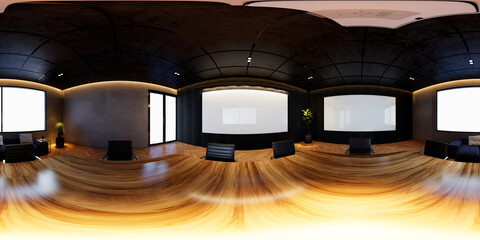 3D illustration of a 360 degrees rendering. It showcases modern conference interiors with screens on the walls, representing the concept of a workplace and enterprise.
