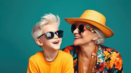 grandmothers and grandchildren in hats and sunglasses on a colored background. Grandfathers and grandchildren family vacation concept.