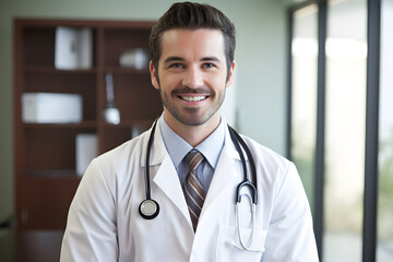 Handsome male doctor looking happy