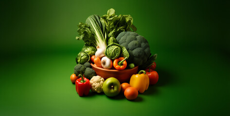 cinematic product shoot of a green basket Vegetable, vegetables on a green background