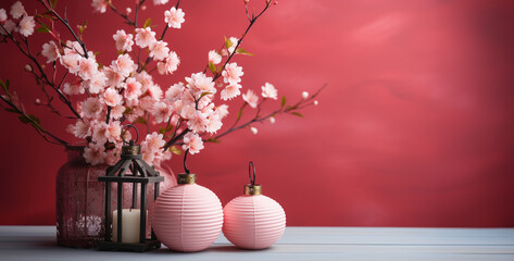 pink cherry blossom,pink cherry blossom in vase, cherry blossom and red paper lantern