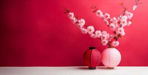 cherry blossom and red paper lantern for chinese new year, pink tulips in vase - obrazy, fototapety, plakaty
