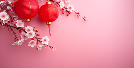 cherry blossom and red paper lantern for chinese new year - obrazy, fototapety, plakaty