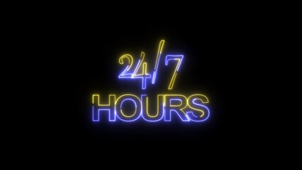 Neon glowing 24/7 hours signboard animation. Open 24 7 neon signs show business open and support available. 24 Hours Night Club Bar Blinking Neon Sign. Motion Animation.